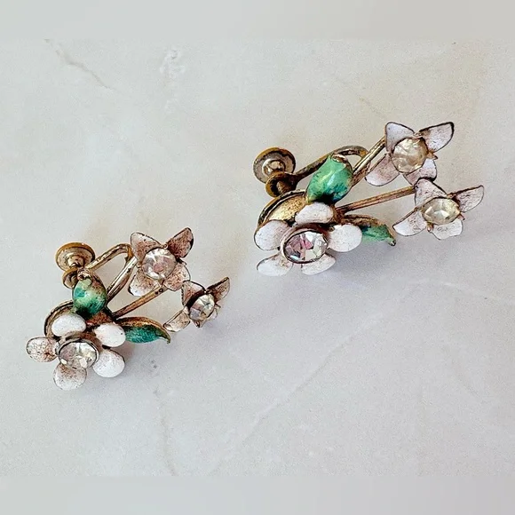 Vintage Flower Rhinestone Pink Flower Screwback Pierceless Statement Earrings - Picture 2 of 6